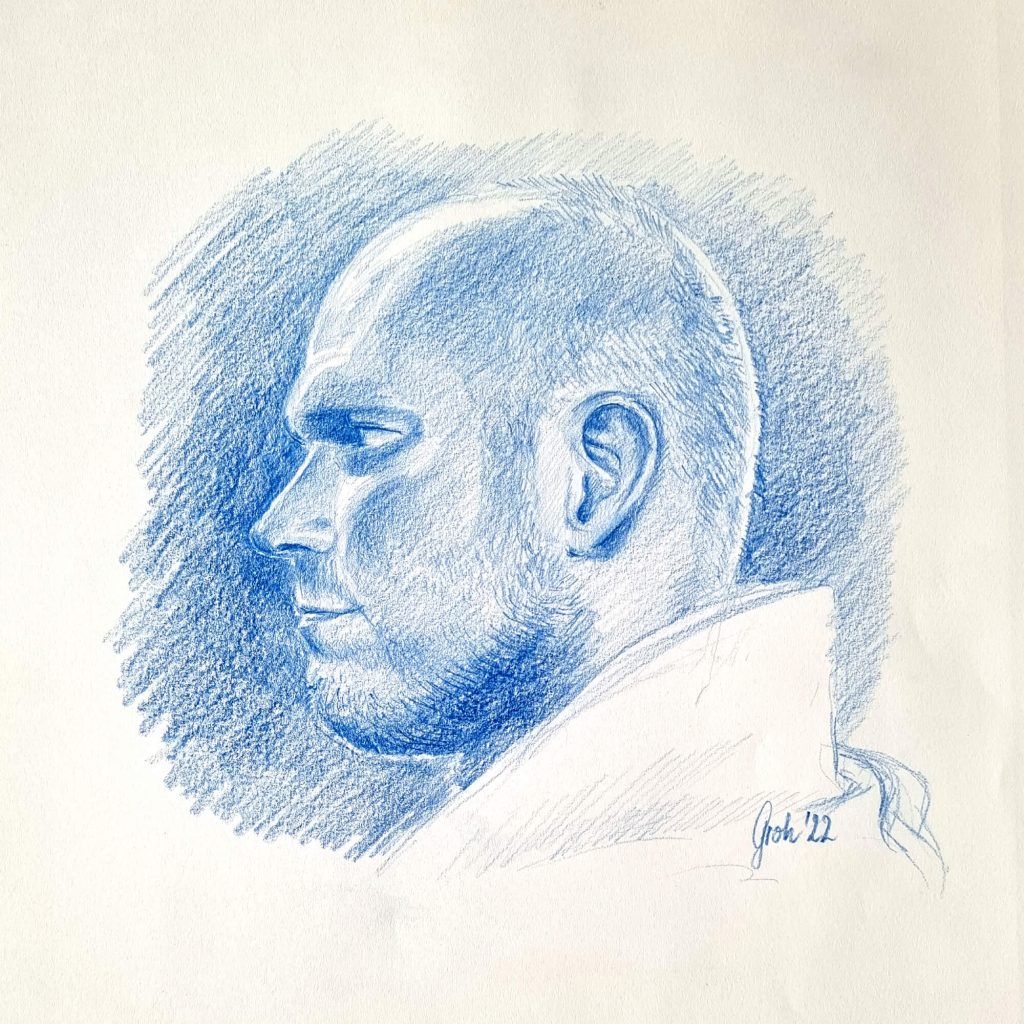 Männerporträt mit blauem Buntstift