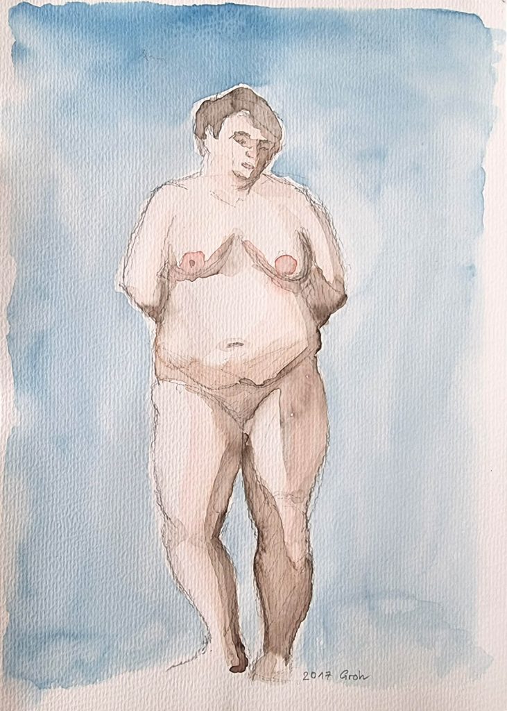 Aquarell eines stehenden weiblichen Akts