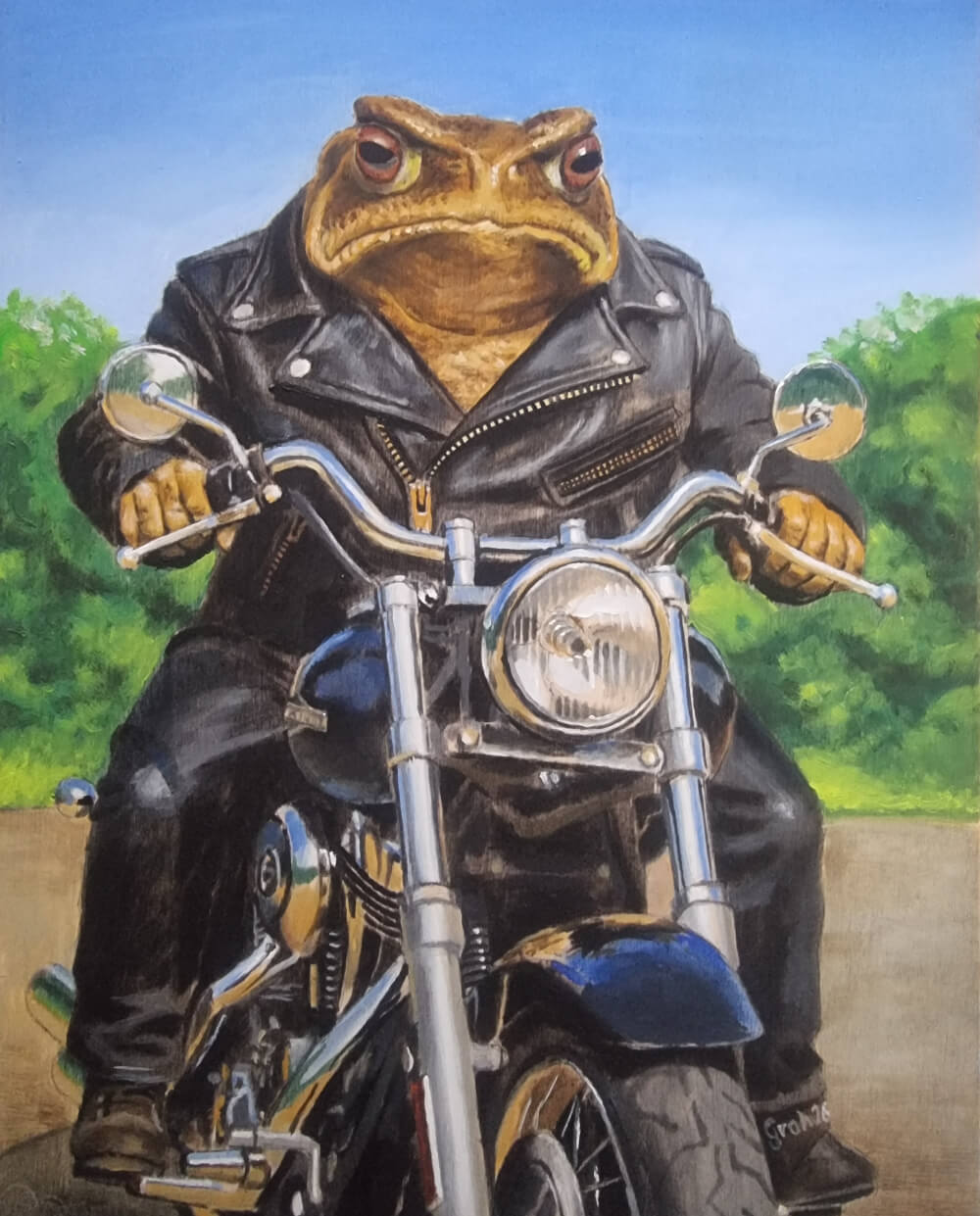 Gemälde Rockerkröte auf Motorrad