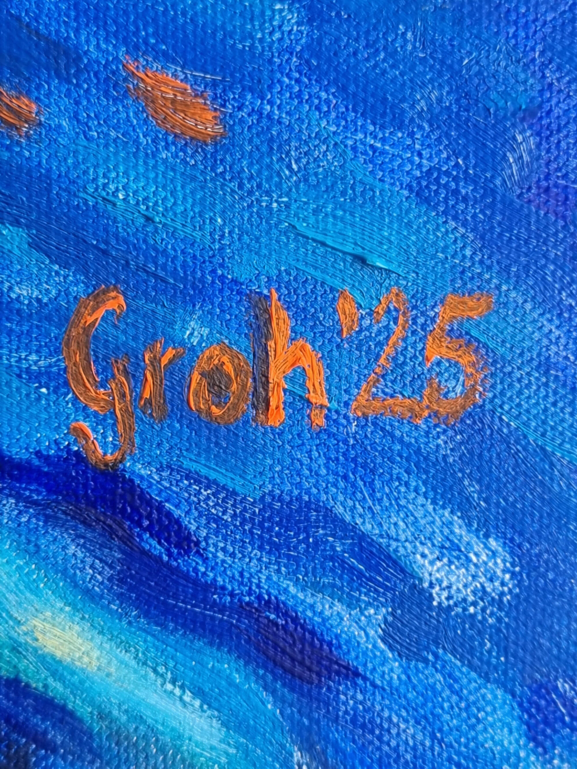 Hexenhain: Signatur des Künstlers: Orange auf Blau