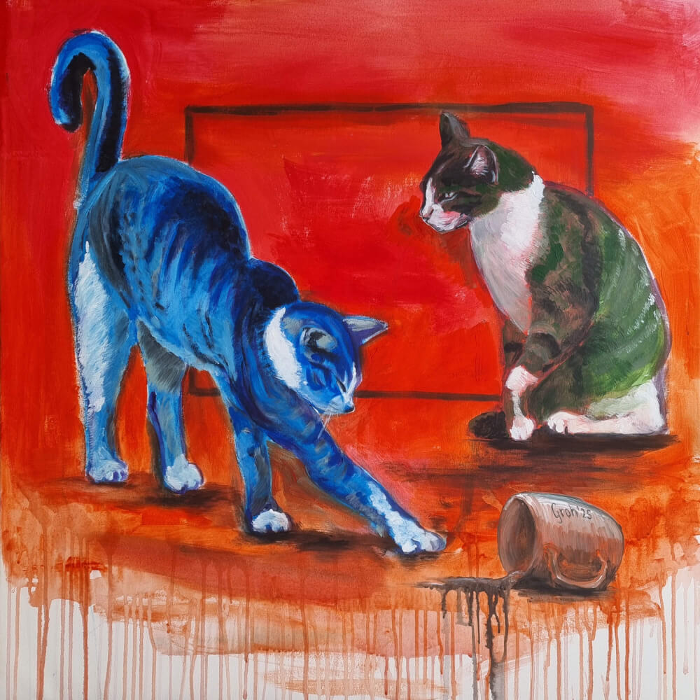 Acryl gemälde Kollateralschaden mit einer blauen und einer grünen Katze vor rotem Hintergrund sowie einer umgestoßenen Kaffeetasse