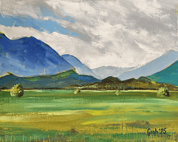 Ölgemälde Murnauer Moos zeigt unter eindrucksvollem Himmel das Sumpfland und das Alpenvorland bei Murnau