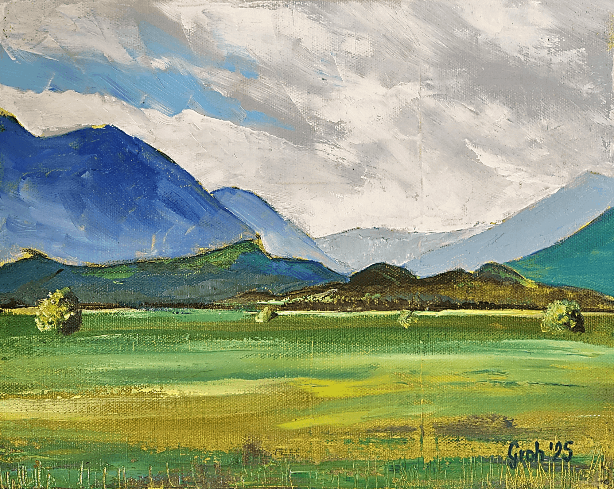 Ölgemälde Murnauer Moos zeigt unter eindrucksvollem Himmel das Sumpfland und das Alpenvorland bei Murnau